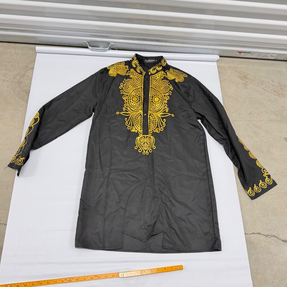 Luc Matton Mens Black Gold Embroidered Dashiki Longline Shirt Size L Cultural